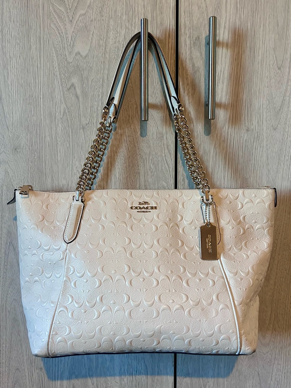 Coach Ava Chain Tote Chalk Debossed Signature Leather Gold